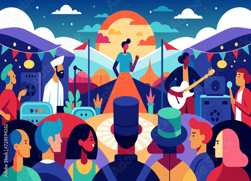 A crowded international music festival with diverse performers. vektor illustation
