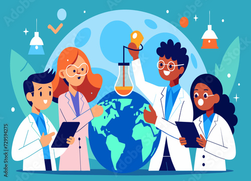 A diverse group of scientists collaborating on a global research project. vektor illustation