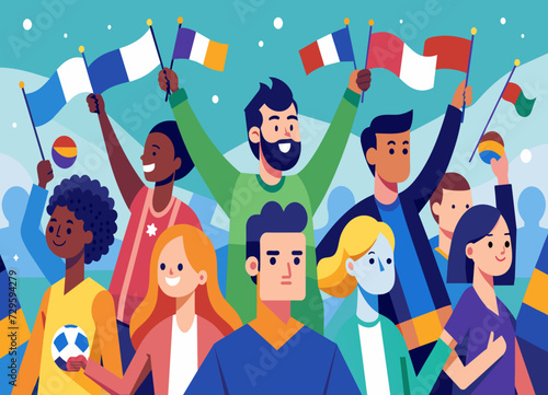 A crowd at a FIFA World Cup match with fans waving flags from different nations. vektor illustation