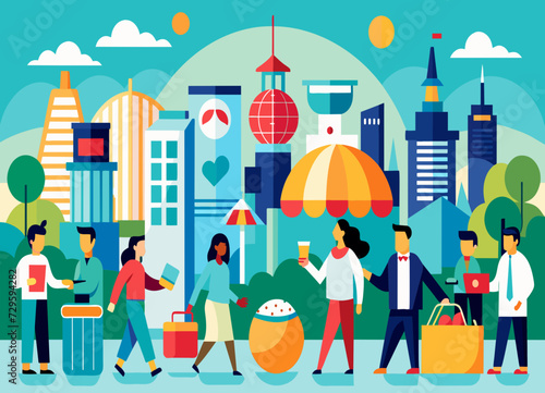 A bustling international trade fair showcasing products from different nations. vektor illustation