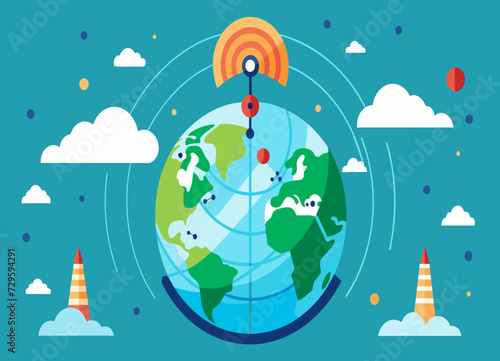 A global telecommunications network transmitting data across continents. vektor illustation