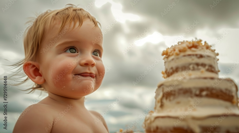 Cute little baby boy with big birthday cake outdoors on sky background
