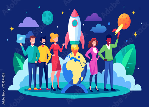 A diverse group of entrepreneurs launching a global startup. vektor illustation