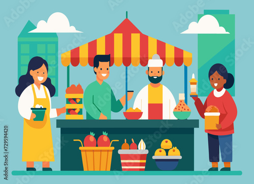 A multicultural food market with vendors selling dishes from various cuisines. vektor illustation