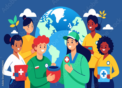 A diverse group of volunteers working on global disaster relief efforts. vektor illustation