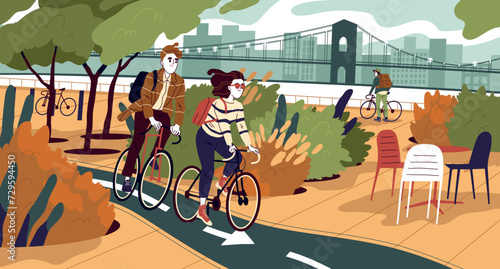 Bicyclists in eco park vector illustration