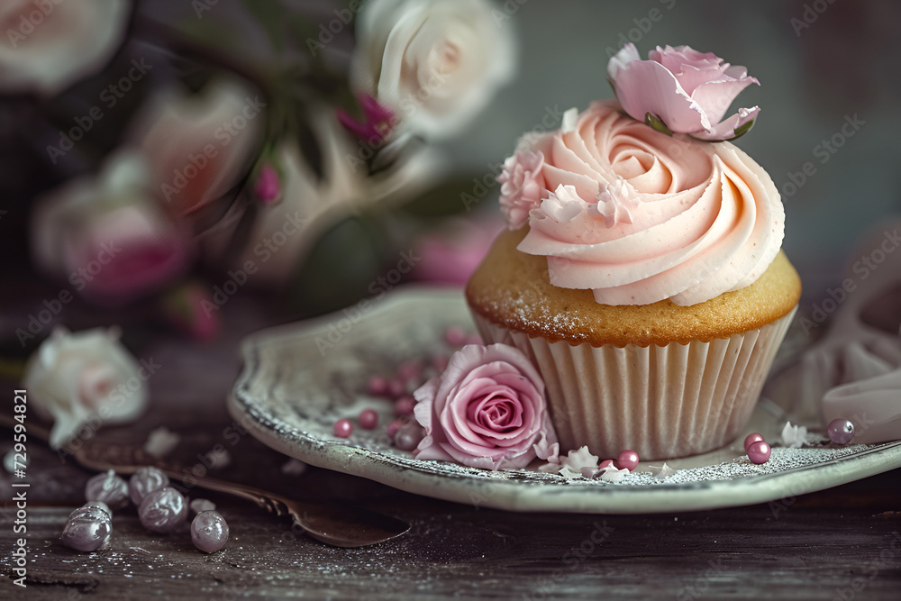 Cupcake with icing and flowers Cupcake with icing and flowers