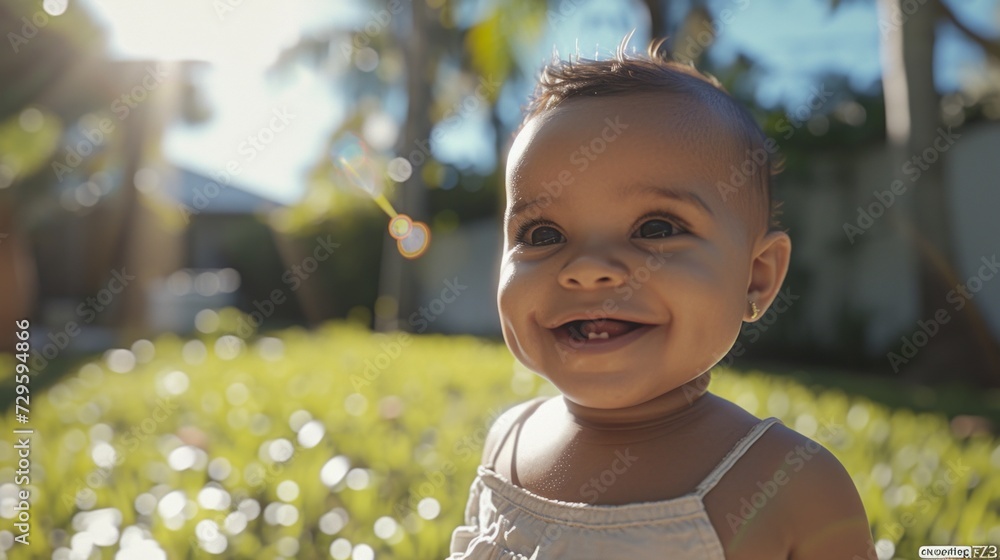 Cute baby smiling and looking at the camera. Close-up portrait of a happy little boy on a background of palm trees.