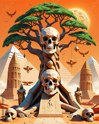 Illuminati Scene - Ancient Scrolls, Skull and Bones, Money Tree, and Sphinx with Tongue-in-Cheek Low Poly Designs Gen AI photo