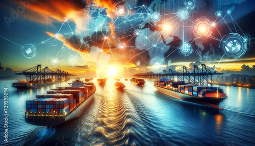 Composite image showing a busy harbor with cargo ships at sunset overlaid with futuristic digital network graphics symbolizing global trade connections. AI generated. photo