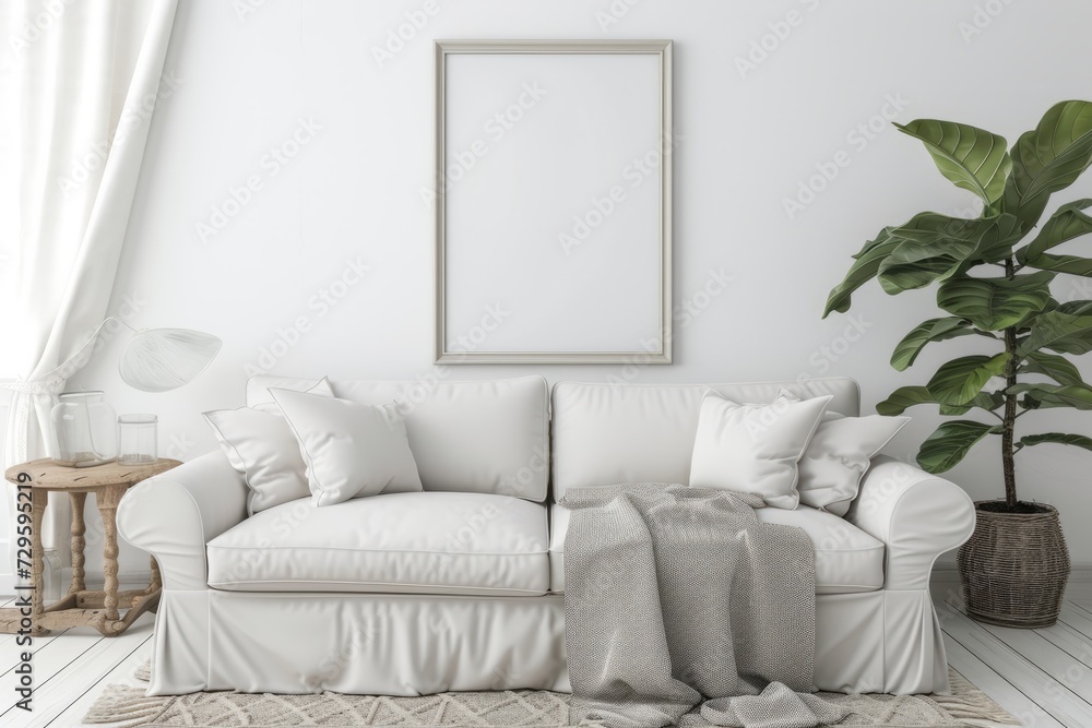 Mock up poster frame in interior background, Scandinavian style, 3D render