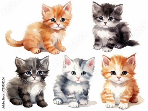 Whimsical cat family: a row of cute, fluffy watercolor kittens, capturing the essence of domestic feline playfulness and charm.