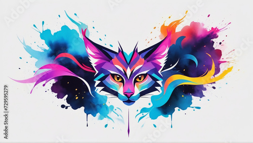 Minimalist Neon Line Lynx Logo with Geometric Design, Vibrant Smoke Effects White Background with t-shirt design ai art