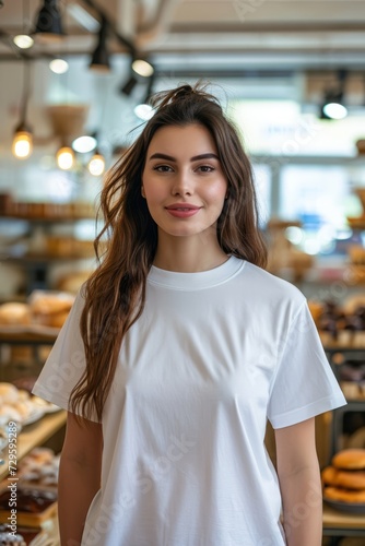 Beautiful young woman in white t-shirt posing in bakery.