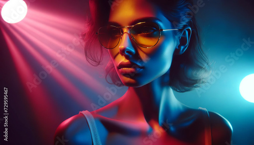 A stylish woman with an enigmatic expression wearing round glasses, illuminated by dramatic red and blue neon lights that cast vibrant hues on her face.Portrait concept.AI generated.