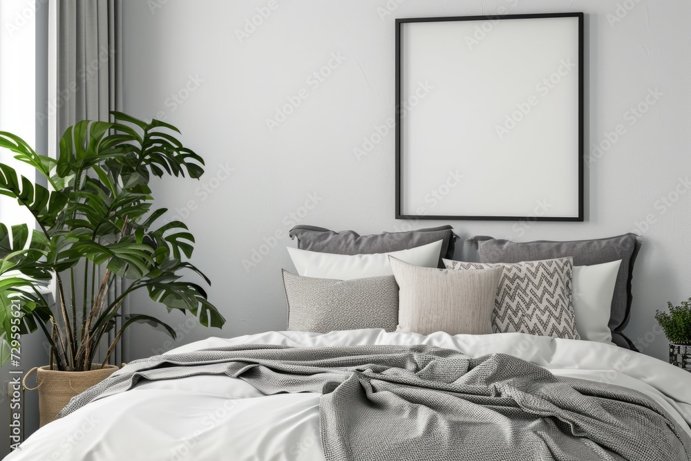 Interior of modern bedroom with white walls, concrete floor, comfortable king size bed with white linen, pampas grass and mock up poster frame. 3d rendering