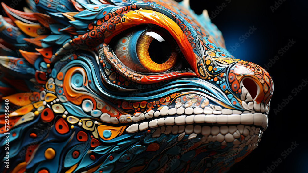 A close-up of a vibrant, intricately designed creature with swirling patterns and a captivating eye, displaying a rich mosaic of orange, blue, and white.Special animals concept. AI generated.