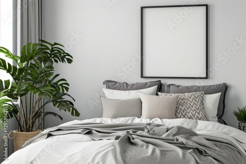 Obraz na płótnie Interior of modern bedroom with white walls, concrete floor, comfortable king size bed with white linen, pampas grass and mock up poster frame. 3d rendering w salonie