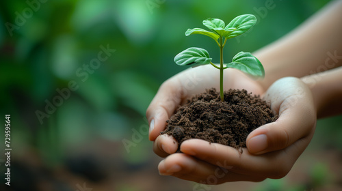 Open hands holding rich soil with a delicate young plant sprouting, a metaphor for care and environmental responsibility.