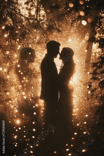 Wedding couple kissing in the forest at night. Blurred background