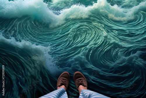A person's feet in brown shoes at the edge of a swirling vortex of water, creating an impression of standing on the brink of a dynamic ocean whirlpool.Background concept. AI generated. photo