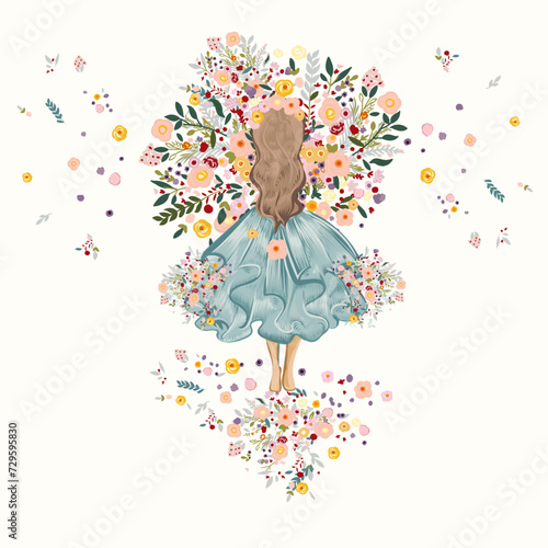 Fashion girl vector illustration girl holding beautiful flowers