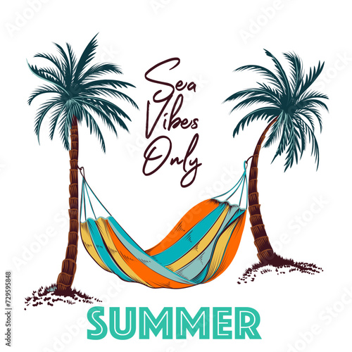 Apparel vector print with palm trees and hammock, sea vibes