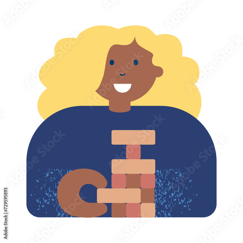 Girl with Jenga Game Wooden Cubes Block Puzzle. Brick element tower. Simple geometric sketch vector illustration