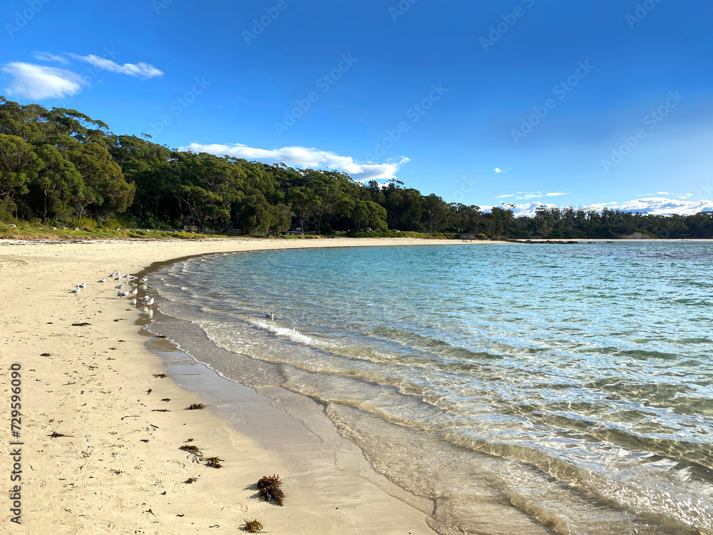 Beach, forest and sea. View of bay, sand, waves, mountains and coastline. Landscape of an island near the ocean.