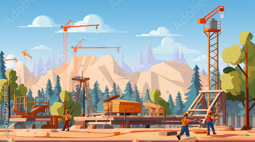 Cartoon-style construction sight with cranes in the forrest showing lumber photo