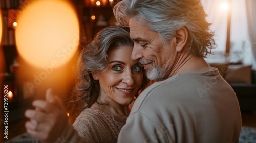 Cheerful senior couple looking at each other and smiling while spending time together at home