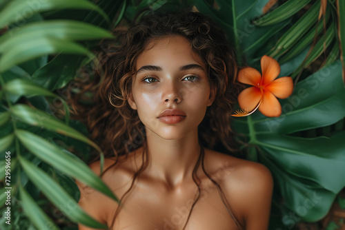 close-up portrait of charming girl looks into the camera, on the background of tropical plants, the concept of recreation