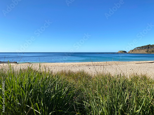 Beach and green grass in summer. Island and sea. View of bay  sand  mountains and coastline. Landscape near the ocean.