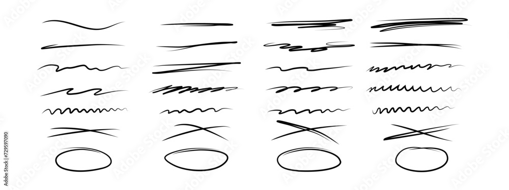 A set of hand lettering with a brush, emphasizing, strikethrough lines and ovals . Ornate swirls, decorative dividers. Underline stroke. Pencil or pen drawn lines. Vector collection of design elements