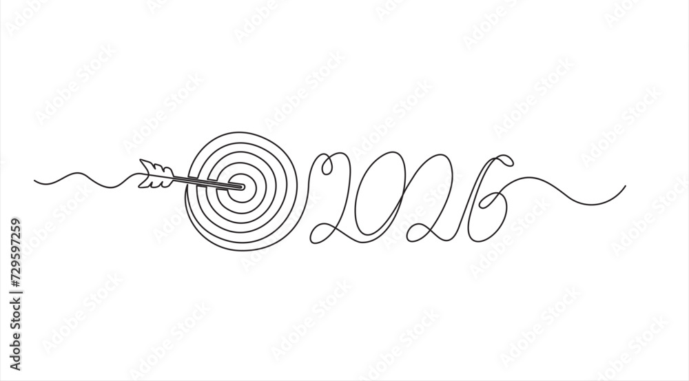 Continuous one line drawing of 2026 New Year target and goals with