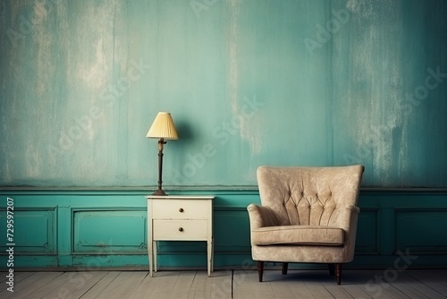 Scandinavian interior design in vintage retro shabby chic style with antique shabby wall photo