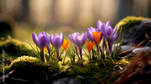 Spring flowers purple delicate crocuses on a sunny day close-up.