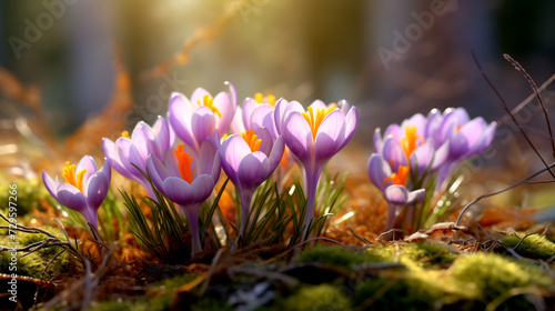Spring flowers purple delicate crocuses on a sunny day close-up.