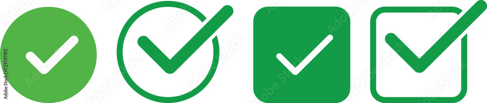 Green tick icons collection. Flat round check mark green icon, button. Tick symbol isolated on white background. Vector illustration - obrazy, fototapety, plakaty 