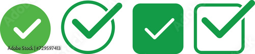 Green tick icons collection. Flat round check mark green icon, button. Tick symbol isolated on white background. Vector illustration