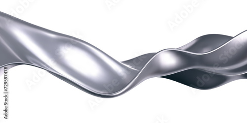 3d chrome liquid wave, silver silk fabric isolated on light background. Render of fluid metal ribbon with reflection gradient effect flying in motion. 3d vector geometric background.