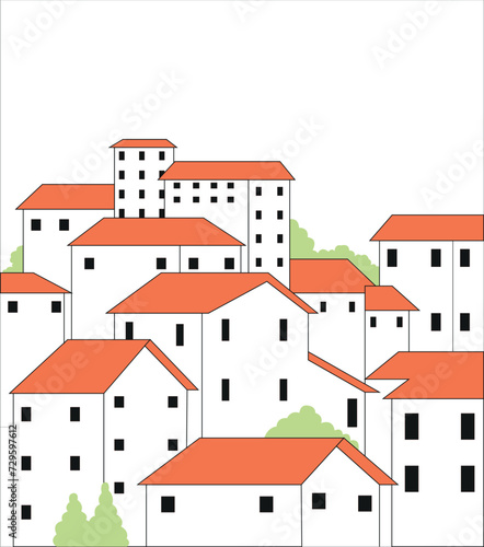 Suburban town street against the background of the big city. Vector cartoon illustration of cozy houses in the countryside