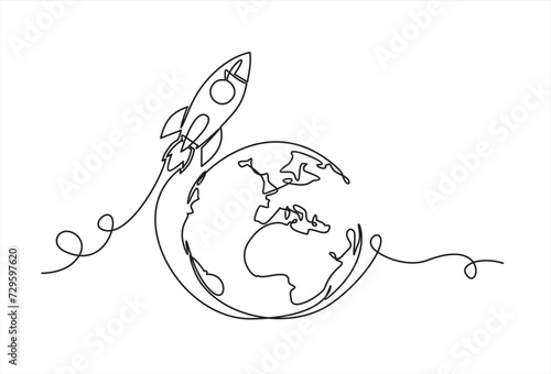 Earth globe with rocket one line drawing of world map vector illustration minimalist design of minimalism isolated on transparent background