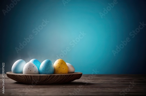 On the wooden table on the left on a plate there are multi-colored Easter eggs until Easter day in a minimalist style. Concept for copy, advertising, Easter photo