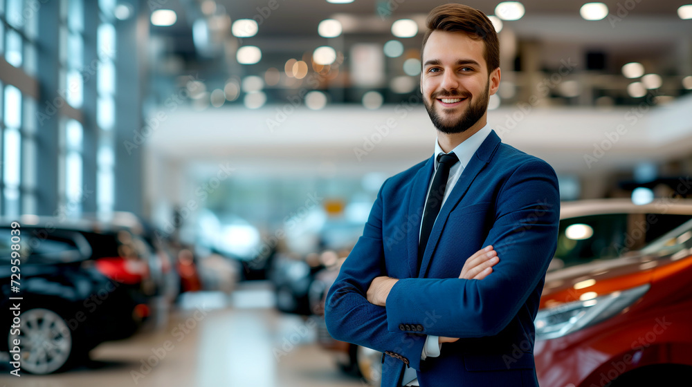 Smiling manager in a car dealership looking at the camera. Smiling manager in a car dealership looking at the camera.