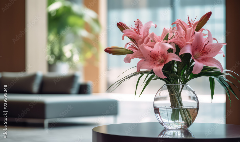 Pink flowers in a glass vase. Concept of decoration, plants, home decor, floral love Pink flowers in a glass vase. Concept of decoration, plants, home decor, floral love