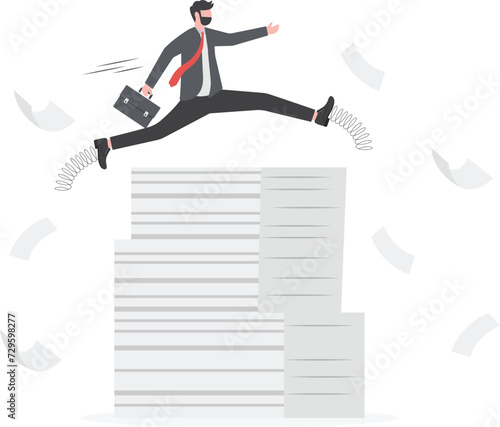 Efficiency or productivity to finish work, manage busy workload or paperwork, project documents or overcome exhausted or challenge concept, businessman jump pole vault over busy document paper.
