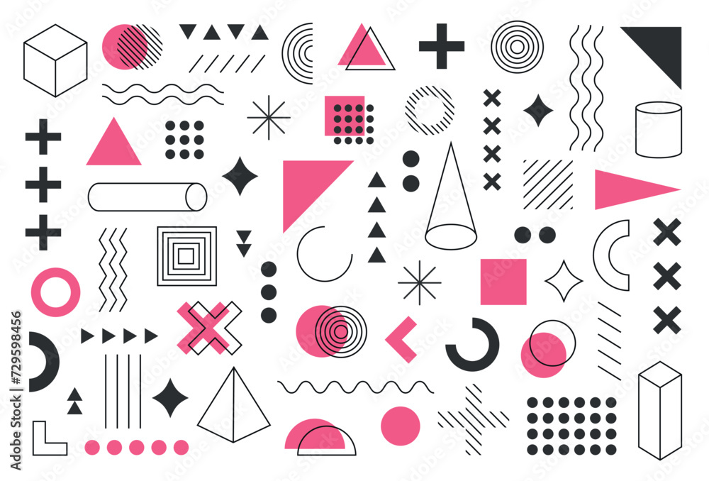 pink and black memphis background, set of geometric, memphis, bauhaus shapes. Modern vector abstract design with memphis elements pink and black memphis background, set of geometric, memphis, bauhaus shapes. Modern vector abstract design with memphis elements