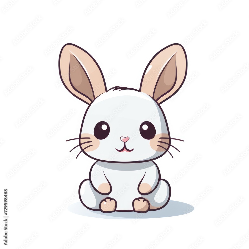 A cartoon illustration of a white bunny with brown ears and nose, sitting on the floor with a white background.