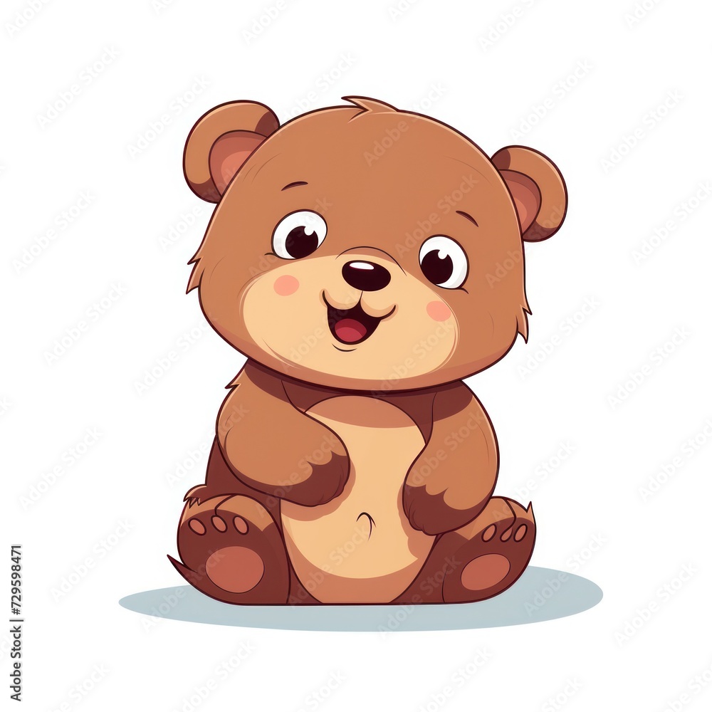 A cartoon style illustration of a brown bear cub sitting down with its paws in front of it and a smiling happy face.